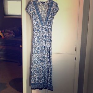 Blue Boho Maxi Flora Wrap Dress